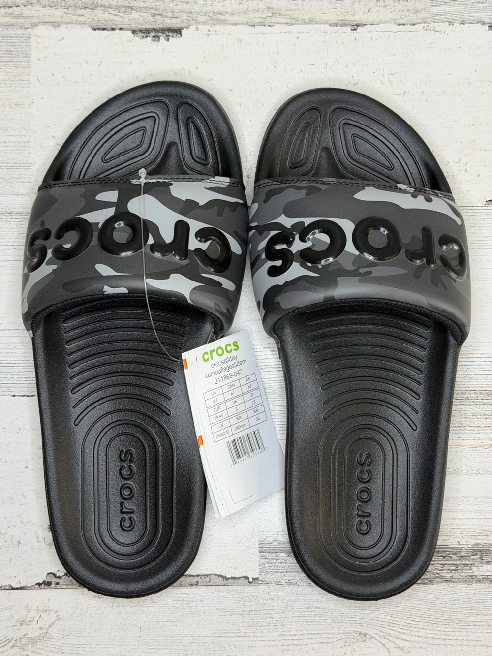Crocs All Day Camo Slides Men’s 7 Black Gray 211863-097 Mellow NWT
